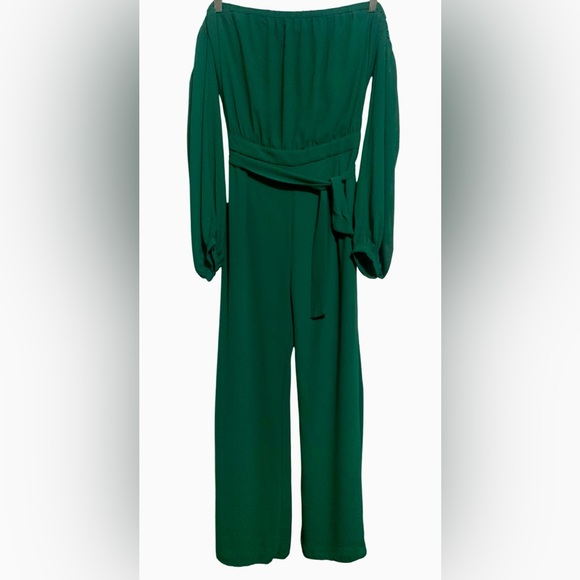 Fashion Nova Women Off-Shoulder Green CHiffon Jumpsuit XL NWOT - Picture 4 of 13